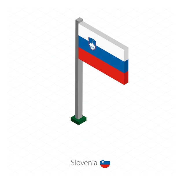Bandera de Eslovenia en asta de bandera en dimensión isométrica Fondo azul isométrico Ilustración vectorial