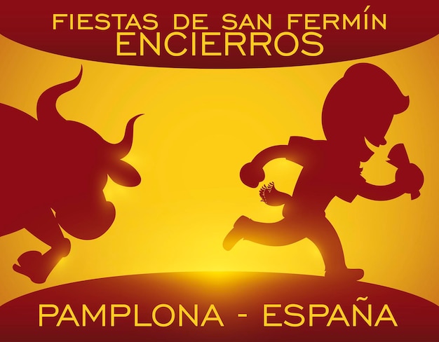 Vector bandera de españa con siluetas de toro y corredor para san fermín