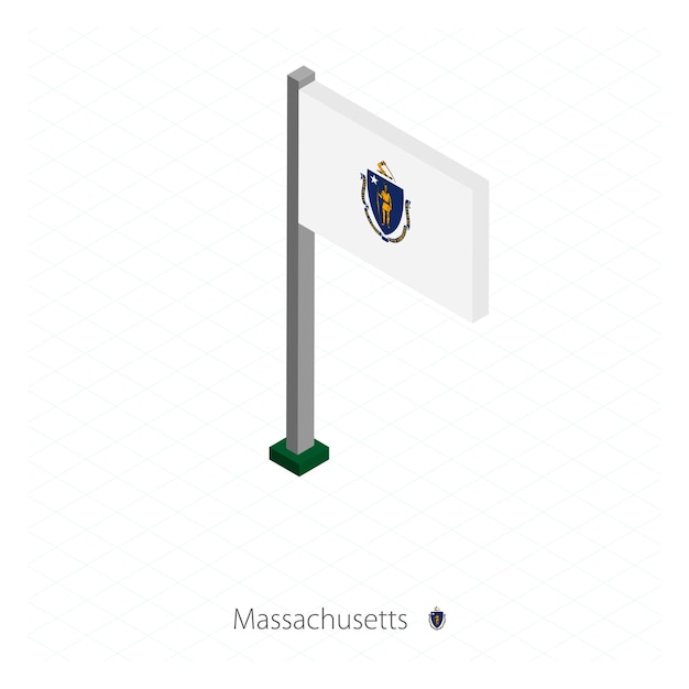 Bandera del estado de Massachusetts EE. UU. En asta de bandera en dimensión isométrica Fondo azul isométrico Ilustración vectorial