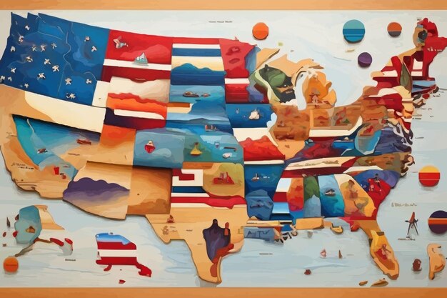 La bandera de los estados unidos de américa en el mapa del mundo plantilla de estadística económica dibujada a mano