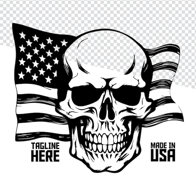 Vector bandera de estados unidos, emblema de calavera, logotipo, etiqueta, letrero, impresión de camiseta