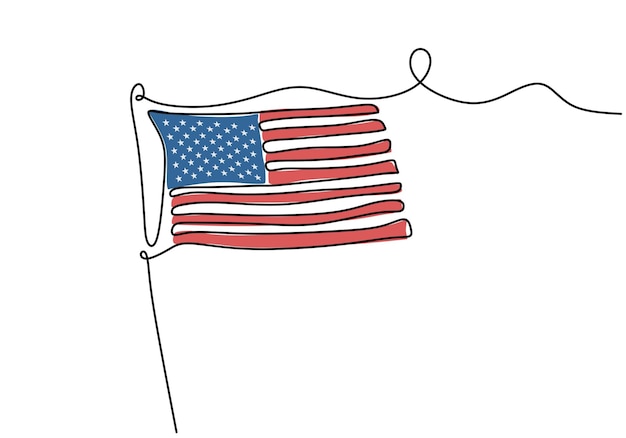 Bandera estadounidense dibujo continuo de una línea diseño minimalista Día Independiente Americano