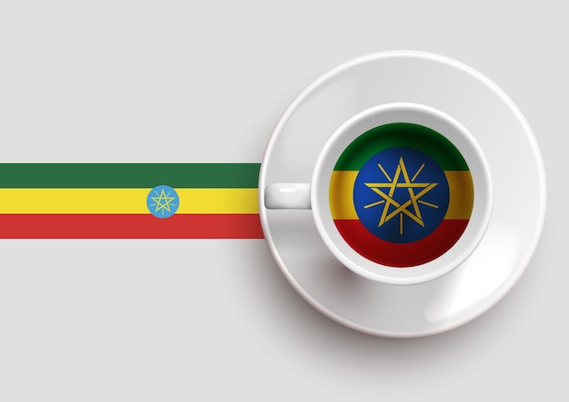 Bandera de etiopía con café en la ilustración de vector de vista superior