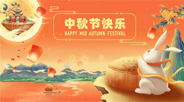 Bandera del Festival de Medio Otoño con linternas de la montaña del río Rabbit Space