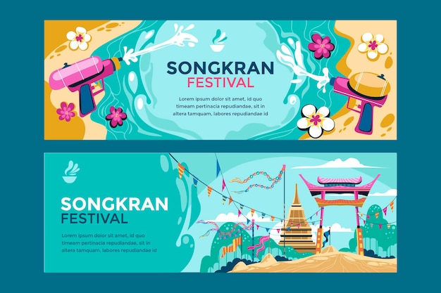 Bandera del Festival de Songkran con pistola de agua y fondo de templo