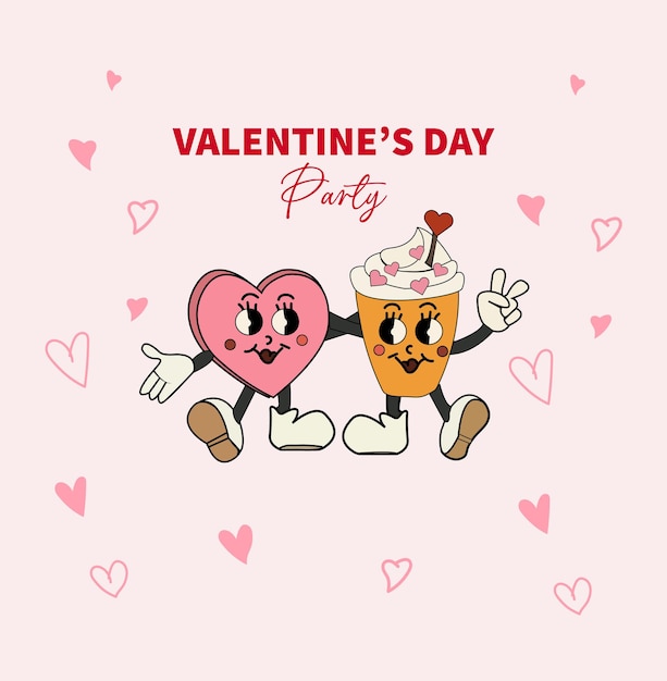 Bandera de la fiesta de San Valentín con personajes de corazón y pastel