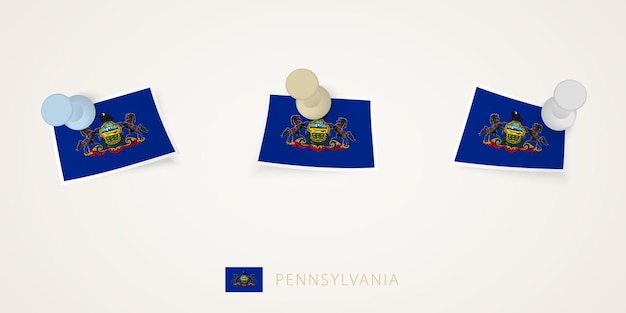 Bandera fijada de Pensilvania en diferentes formas con esquinas retorcidas Vector pushpins vista superior