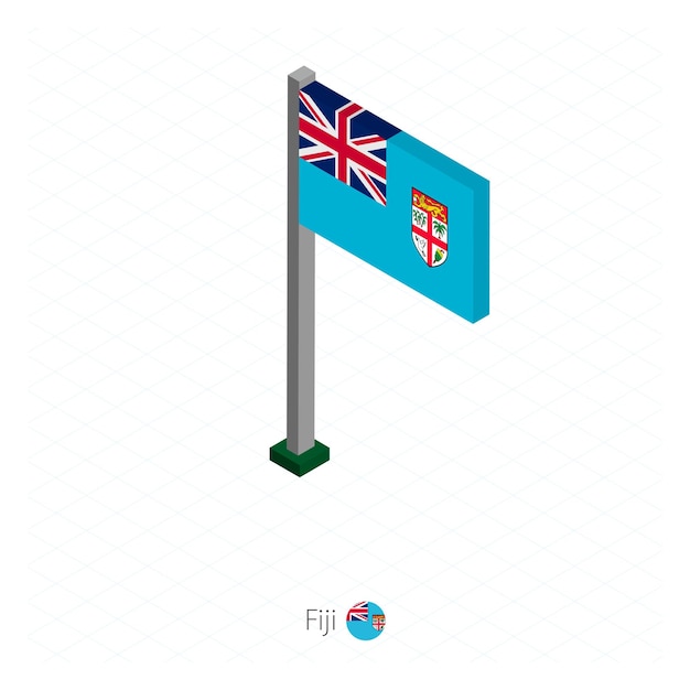 Bandera de Fiji en asta de bandera en dimensión isométrica Fondo azul isométrico Ilustración vectorial