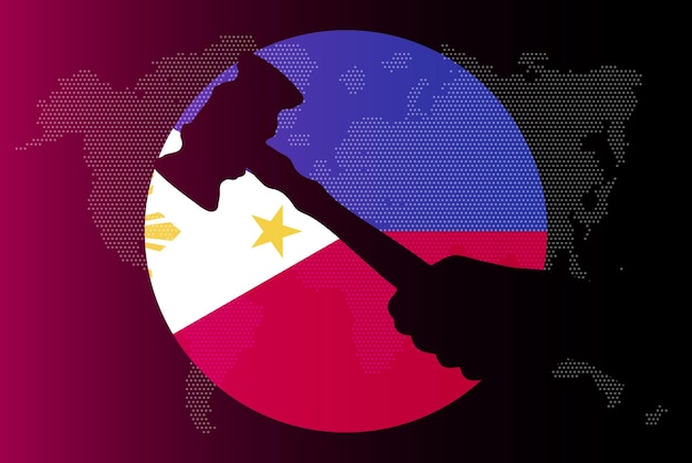 Bandera de Filipinas con ley de concepto de corrupción de mazo de juez o banner de noticias de resultado legal