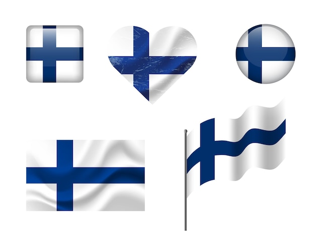 bandera de Finlandia conjunto de iconos bandera vectorial de Finlandia símbolo conjunto de banderas finlandesas botón corazón ondeado