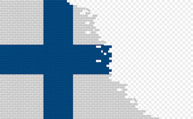 Bandera de Finlandia en la pared de ladrillos rotos. Campo de bandera vacío de otro país. Comparación de países.