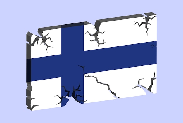 Bandera de Finlandia en el patrón de fractura de vector de pared agrietada 3D con concepto de problemas de textura agrietada