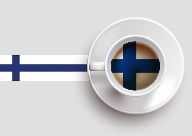 Bandera de finlandia con una sabrosa taza de café en la vista superior