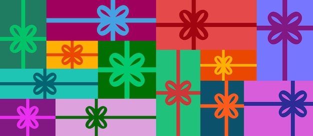 Bandera de fondo de regalos de vacaciones de patrón de vector transparente de cajas de regalo coloridas