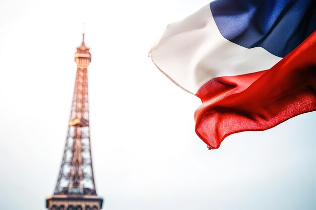 Bandera francesa frente a la Torre Eiffel en París Francia en un día de cielo azul