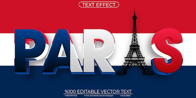 Bandera de Francia y efecto de texto vectorial editable y escalable de París