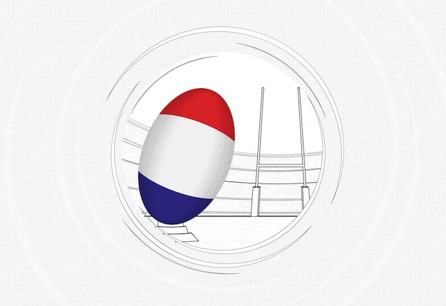 Bandera de Francia en pelota de rugby icono de rugby de círculo alineado con pelota en un estadio lleno de gente