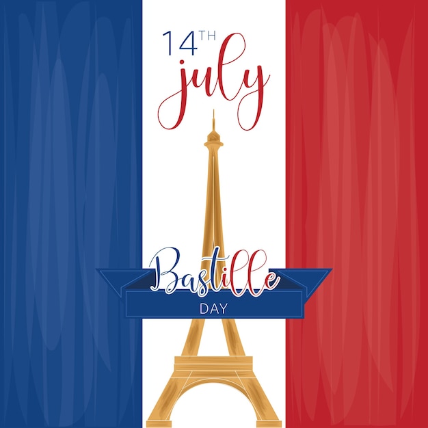 Bandera, de, francia, con, el, torre eiffel, señal, día de la bastilla, cartel, vector