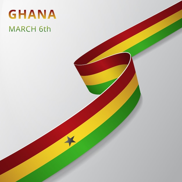 Bandera de Ghana. 6 de marzo. Ilustración vectorial. Cinta ondulada sobre fondo gris. Día de la Independencia. Símbolo nacional. Plantilla de diseño gráfico.