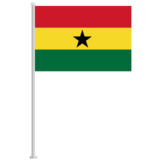 Bandera de Ghana con icono plano de poste plateado aislado sobre un fondo blanco