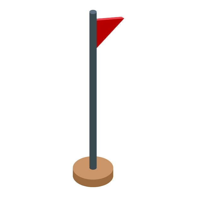 Bandera de golf roja de pie en una base de madera vista isométrica
