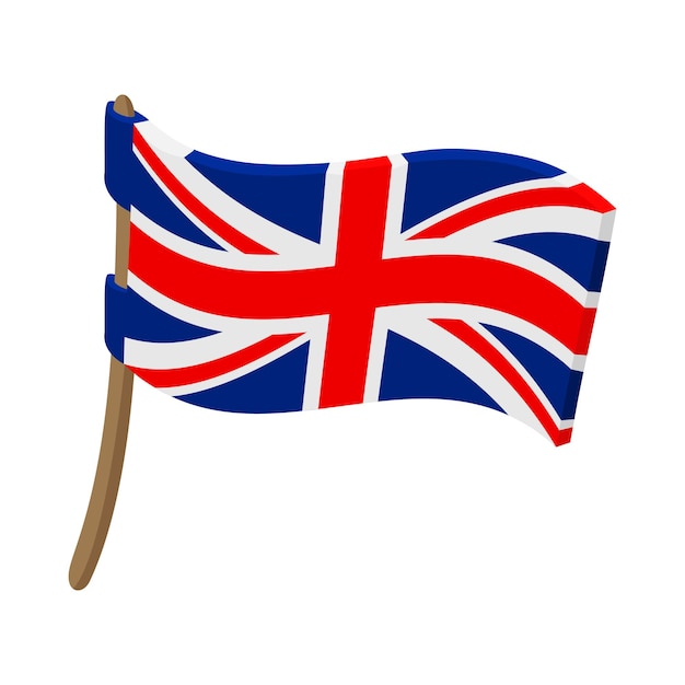 Bandera de Gran Bretaña con icono de asta de bandera en estilo de dibujos animados sobre un fondo blanco