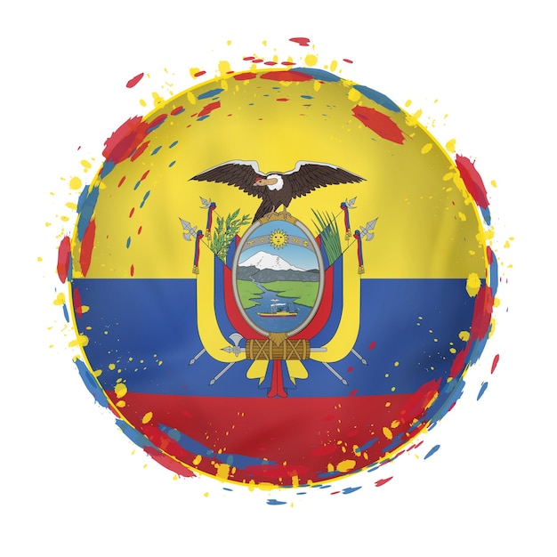 Bandera grunge redonda de Ecuador con toques de color de la bandera. ilustración vectorial