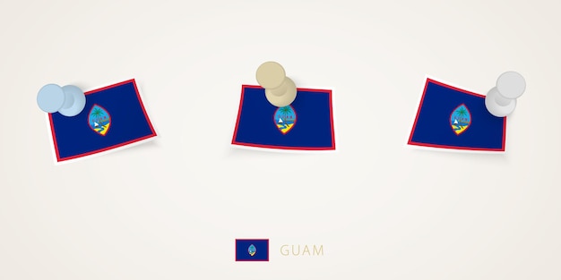 Bandera de Guam en diferentes formas con esquinas retorcidas Vector pushpins vista superior