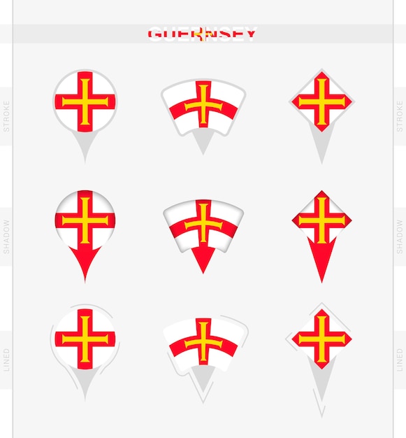 Bandera de Guernsey conjunto de iconos de pin de ubicación de la bandera de Guernsey