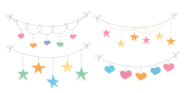 La bandera de la guirnalda del corazón de la estrella de la fiesta de cumpleaños es un conjunto plano de la fiesta de celebración del aniversario colgado.