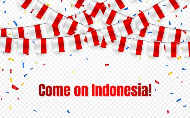 Bandera de guirnalda de indonesia con confeti sobre fondo transparente, colgar banderines para banner de plantilla de celebración,