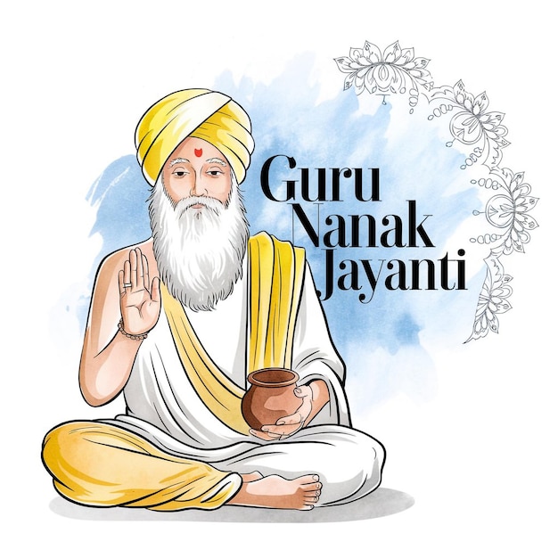 Bandera de Guru Nanak Jayanti con símbolos y elementos decorativos sikhs