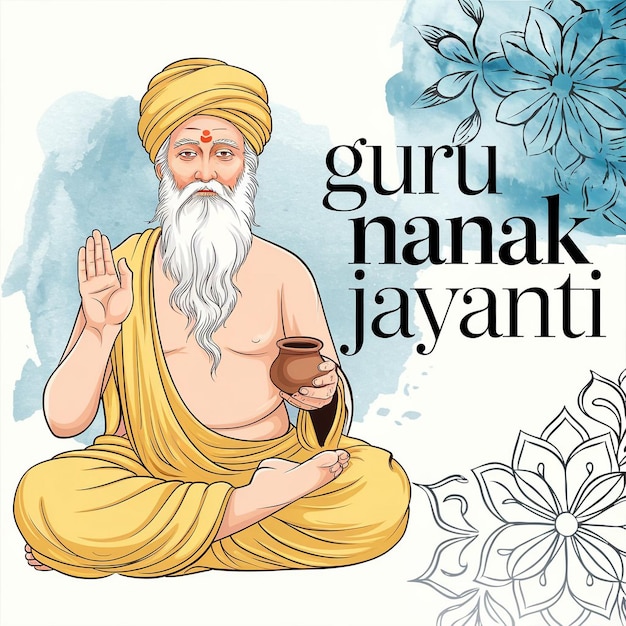 Bandera de Guru Nanak Jayanti con símbolos y elementos decorativos sikhs