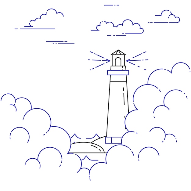 Bandera horizontal que viaja con el faro en la niebla y las nubes. Elementos de arte de línea plana. Ilustracion vectorial Concepto de viaje, turismo, agencia de viajes, hoteles, yates, tarjeta de recreación.