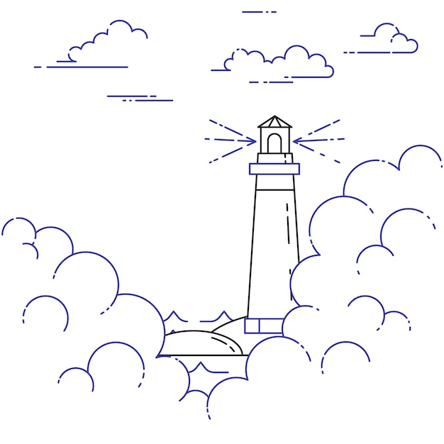 Bandera horizontal que viaja con el faro en la niebla y las nubes. elementos de arte de línea plana. ilustracion vectorial concepto de viaje, turismo, agencia de viajes, hoteles, yates, tarjeta de recreación.