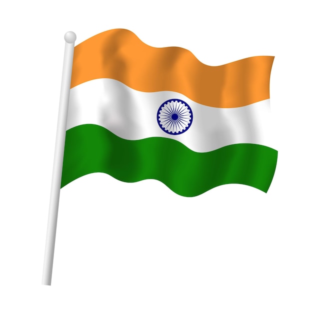 Bandera de la India en el mástil de la bandera ondeando en el viento Ilustración aislada del símbolo de la bandera de la India
