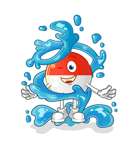 Bandera indonesia fresca con mascota de agua. vector de dibujos animados