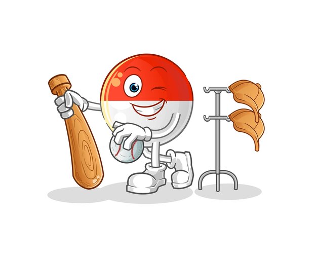 Bandera de Indonesia jugando mascota de béisbol. vector de dibujos animados
