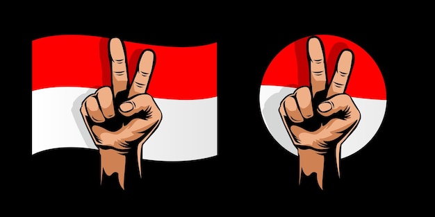 Bandera de indonesia con signo de mano de paz