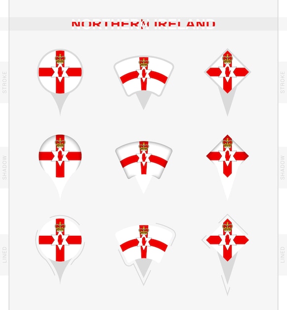 Bandera de Irlanda del Norte conjunto de iconos de pin de ubicación de la bandera de Irlanda del Norte