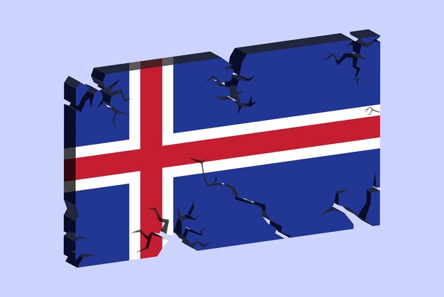 Bandera de islandia en el patrón de fractura de vector de pared agrietada 3d con concepto de problemas de textura agrietada