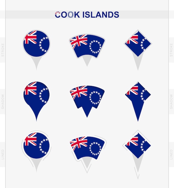 Bandera de las Islas Cook conjunto de iconos de pin de ubicación de la bandera de las Islas Cook