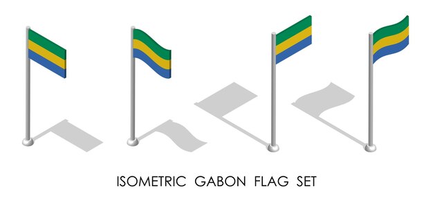 Vector bandera isométrica del gabon en posición estática y en movimiento en el mástil del vector 3d