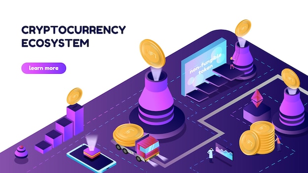 Bandera isométrica de ilustración vectorial con monedas NTF y volcán. Concepto de ecosistema de criptomonedas, para el sitio.