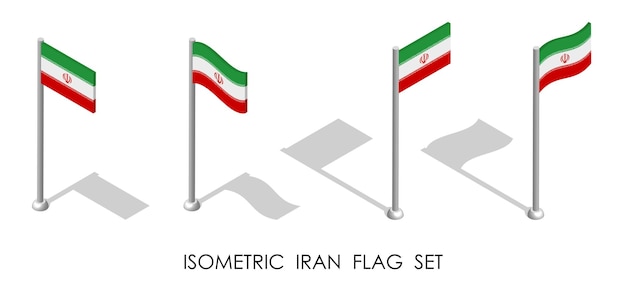 bandera isométrica de la República de Irán en posición estática y en movimiento en el mástil 3d vector