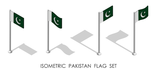 Vector bandera isométrica de la república islámica del pakistán en posición estática y en movimiento en el mástil 3d vect