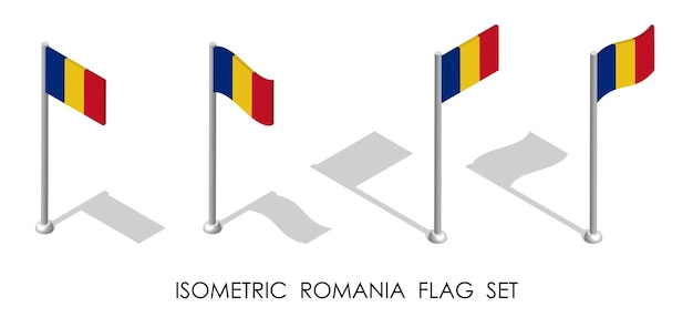 bandera isométrica de RUMANIA en posición estática y en movimiento en el mástil 3d vector