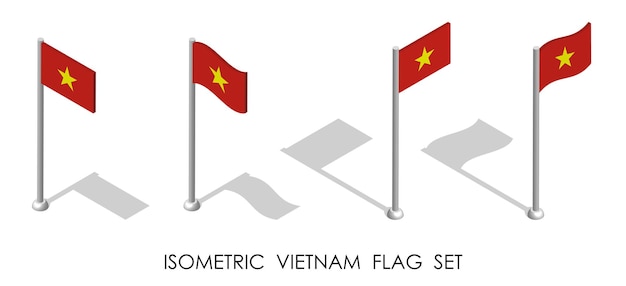 Vector bandera isométrica de vietnam en posición estática y en movimiento en el mástil 3d vector