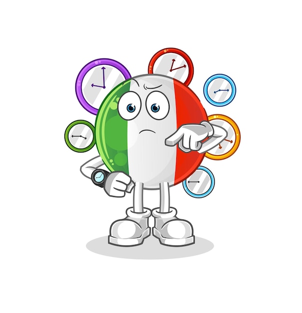 Bandera de Italia con dibujos animados de reloj de pulsera. vector de mascota de dibujos animados