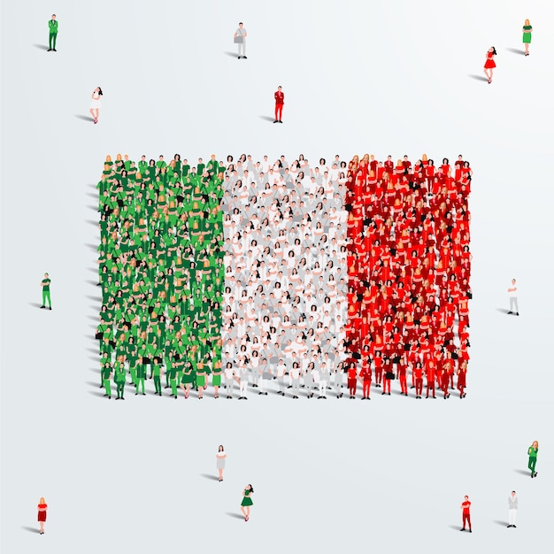 Bandera de Italia. Un gran grupo de personas se forman para crear la forma de la bandera de Italia. Ilustración vectorial.